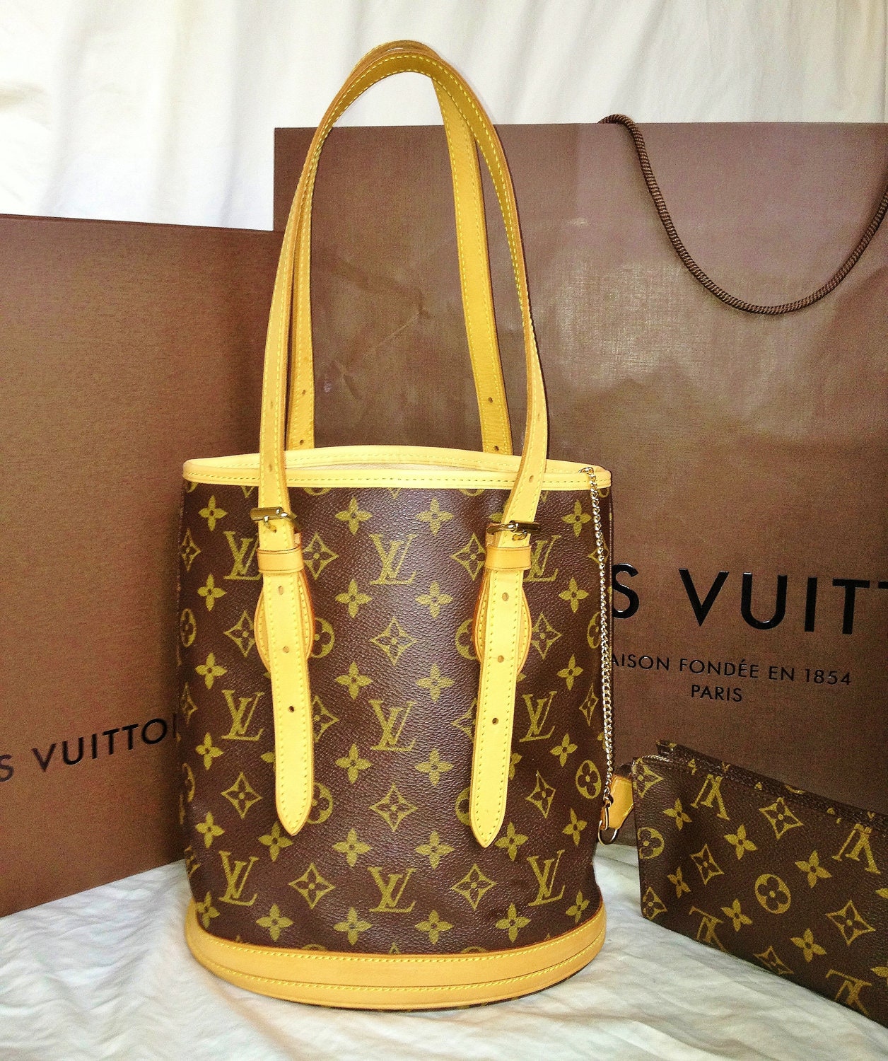 Authentic Louis Vuitton Monogram Canvas Petit Bucket Bag