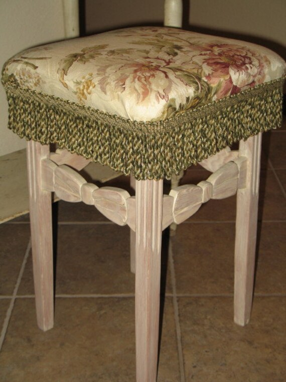 Vintage Wood Vanity Stool with Boullion Trim by AntiqueChic1