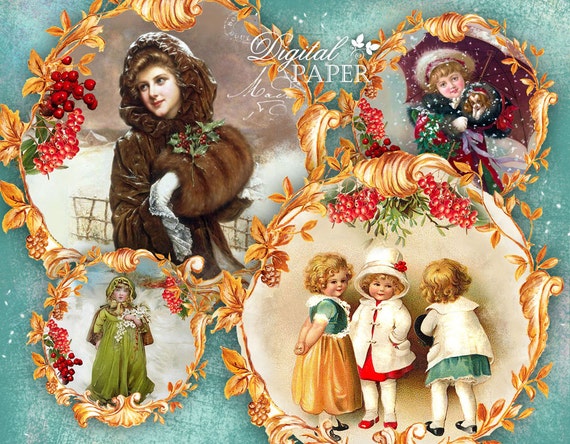 Stickers Happy Christmas - Vintage image - set of 6 - digital collage sheet