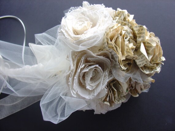 Paper Rose and Ivory Lace Rose Bridal Bouquet by ABridalTouch