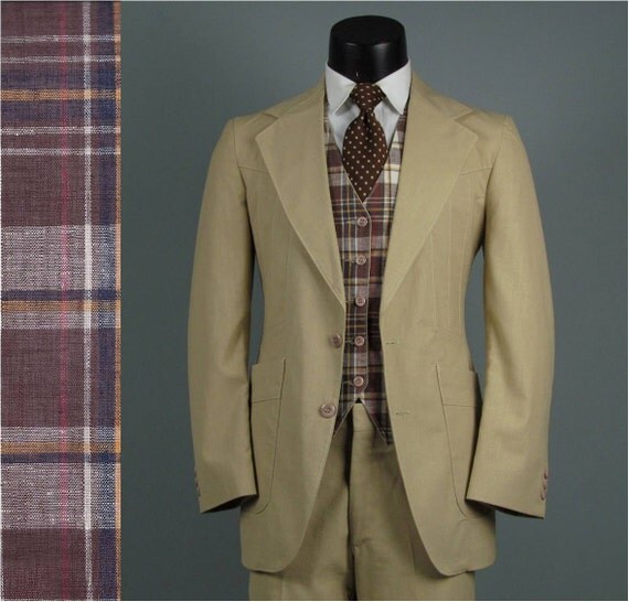 Vintage Mens Suit 1970s REVERSIBLE PLAID VEST Tan 3 Three