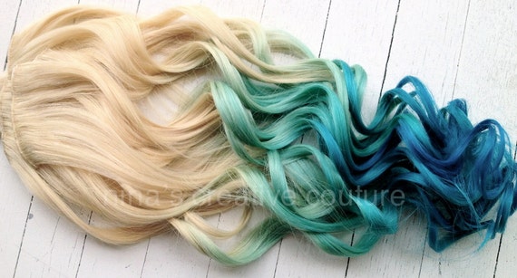 Items similar to Mermaid Blonde Ombre, Blonde Hair extensions dipped in Pastel Blue faded into 