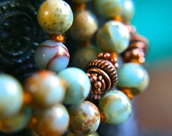 Knotted Gemstone Mala Necklace Prayer Beads Aqua Terra Jasper Mantra Meditation 108 Japa Mala Yoga Jewelry Crystal Healing Bhakti Beads