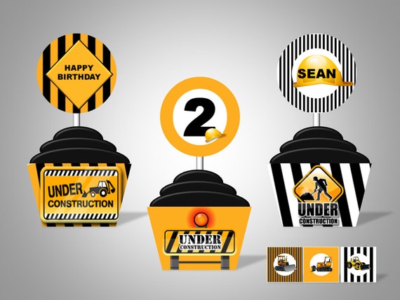 Construction Themed Cupcake Wrappers & Toppers - Personalized With Name and Age - DIY Printable Party Decorations Il_570xn
