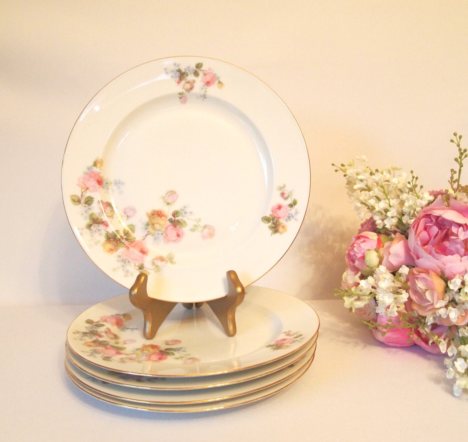 Vintage China Dinner Plates with Pink Roses Cottage Chic