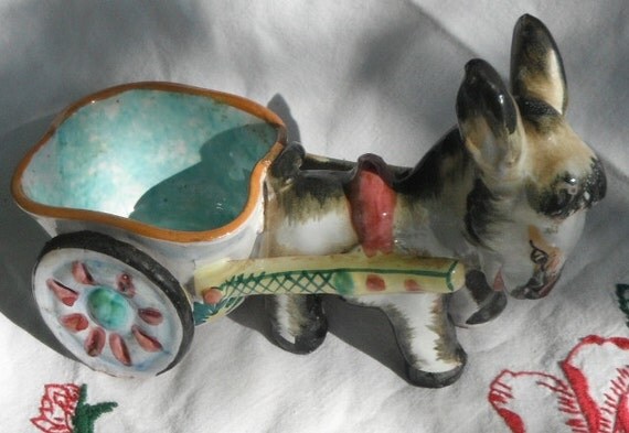 Vintage Majolica Handpainted Italian Pottery Donkey And Cart