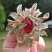 Vintage Signed Polcini Brooch Pendant Pave Rhinestones Red Ruby Glass Cabachon