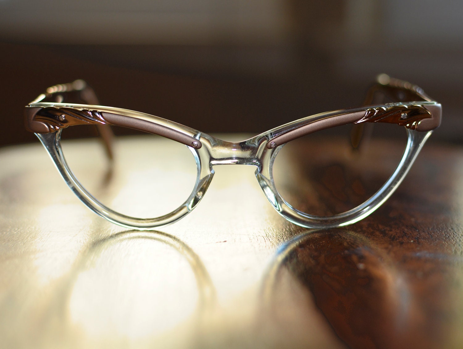 Vintage 1950s 1960s Bronze And Clear Cat Eye Glasses