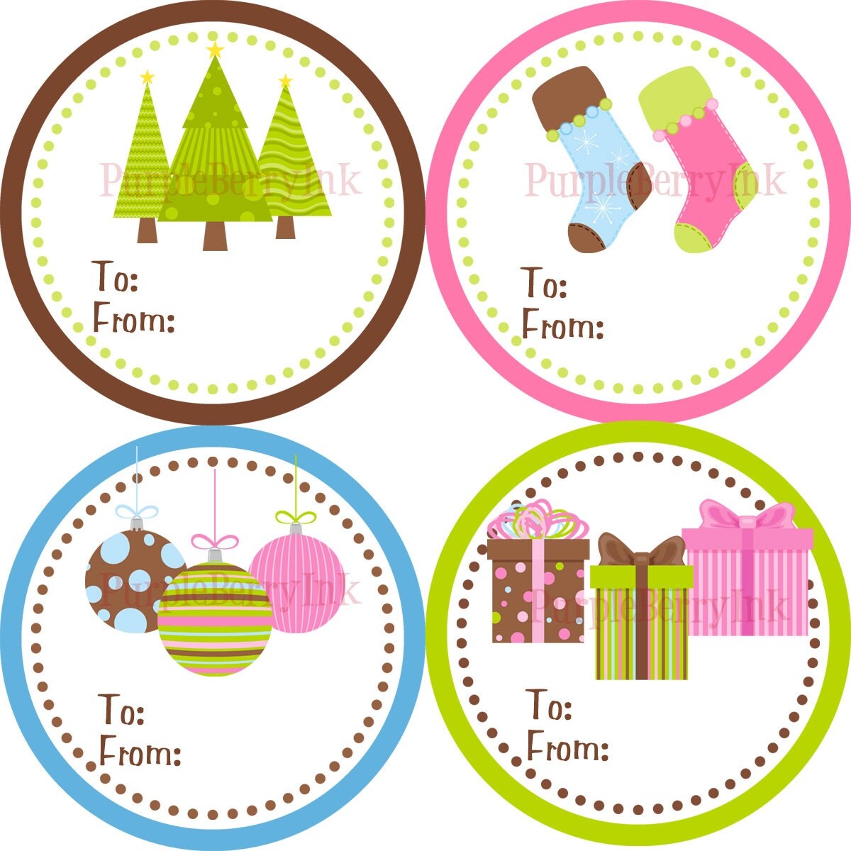 Holiday Gift Tag Stickers Pink Blue Green Christmas Trees