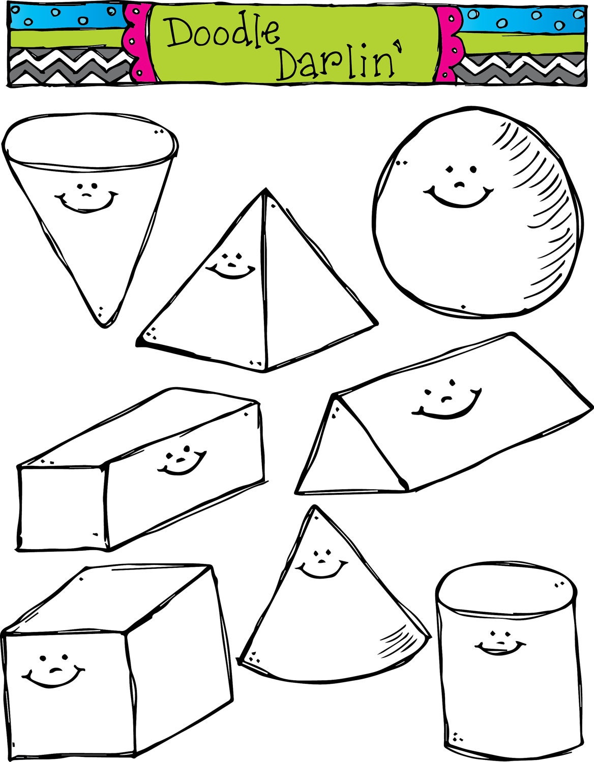 3D Smiling Shapes Blackline Clipart Set INSTANT DOWNLOAD