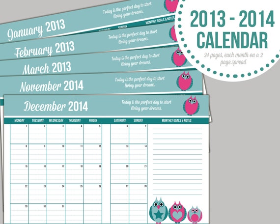 Items Similar To Printable Calendar 2013 2014 Owl