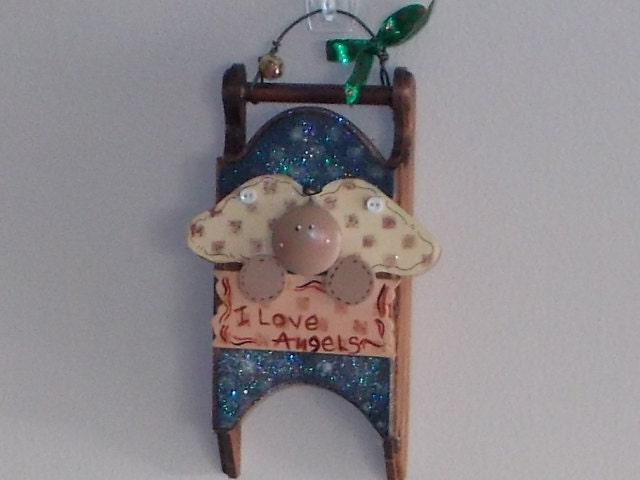 Primitive angel, sled decoration, Christmas tag I love Angels, handmade decoration, made in usa free shipping