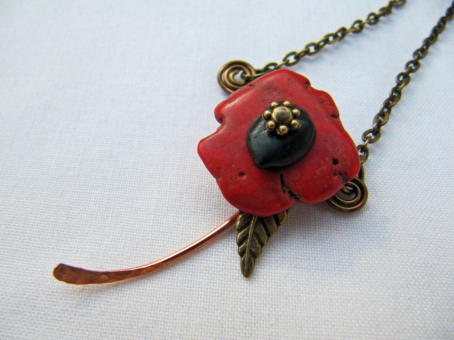 Handmade Pendant Necklace Pendant Poppy Flower Red Black