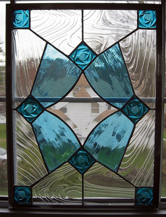 Items similar to Classic Geometric Stained Glass Window Panel - Blue ...