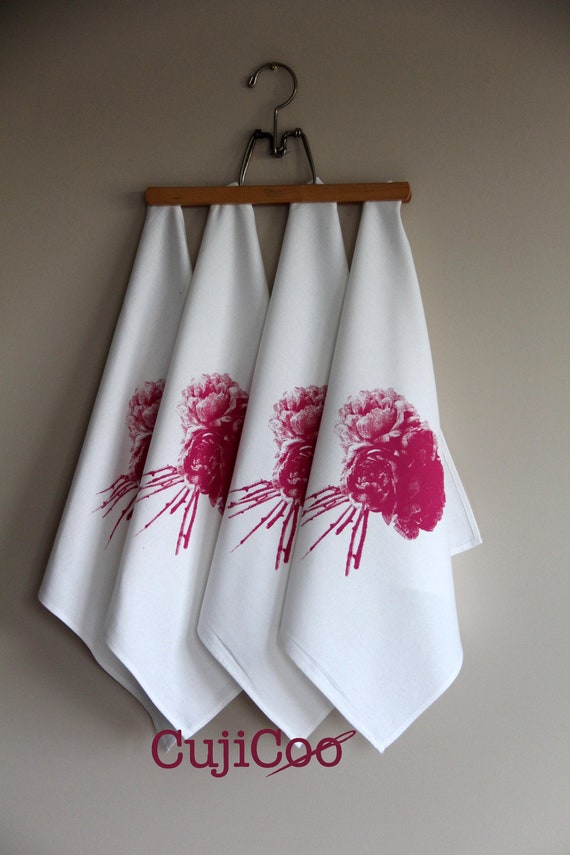 Cotton Napkins Screen printed with Peonies on white by CujiCoo