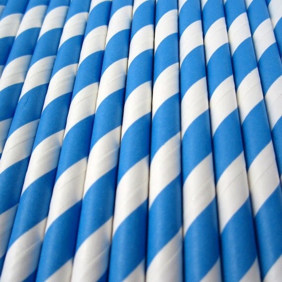 25 Malibu Blue Striped Paper Straw - Drinking Straws - Party Supplies Il_570xn