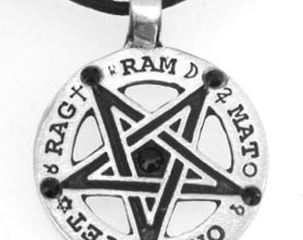 Pewter Inverted Pentagram Tetragrammaton Runes Pendant with Swarovski Black Onyx Crystal (55C)