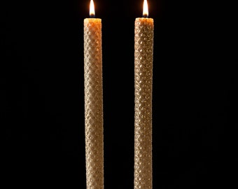 Pair of Rolled Honeycomb Glitter Beeswax Tapers, Reflections Gold