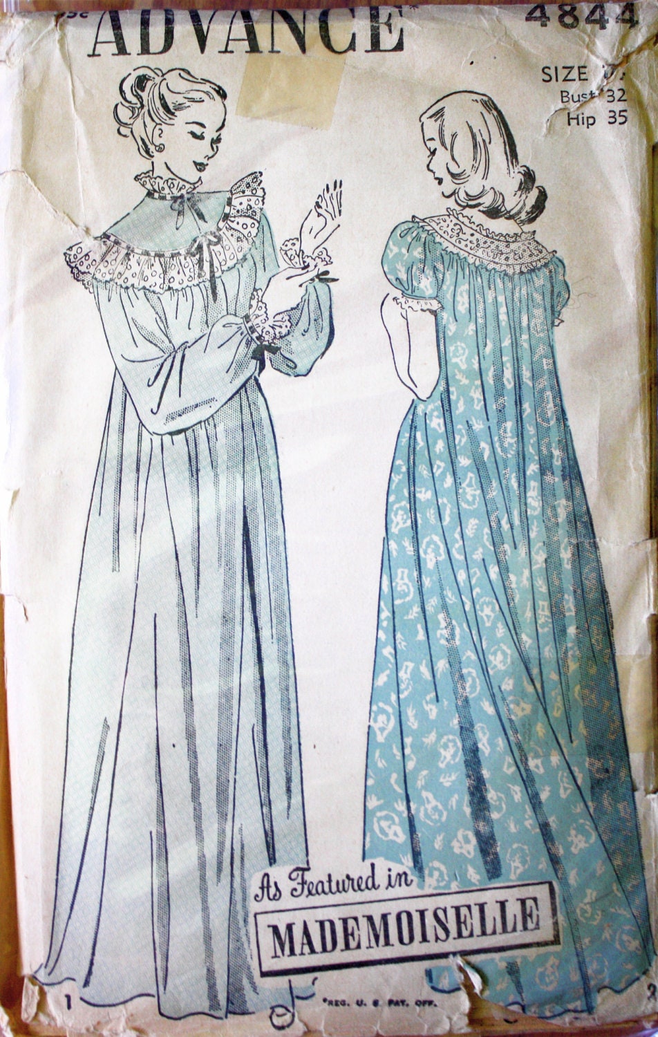 Vintage 1950s Long Gathered Nightgown Sewing Pattern Size 14