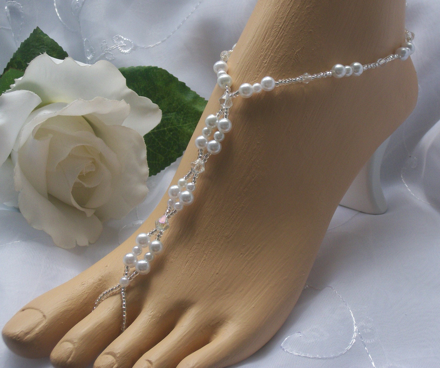 Pearl & AB Crystal Bridal Foot Jewelry Barefoot by JewelryByAngel