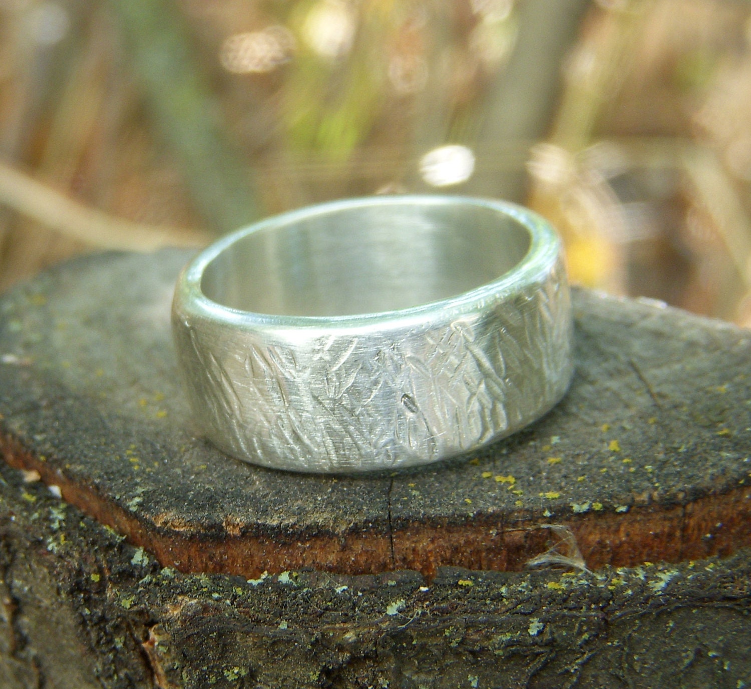 Silver lost wax cast one of a kind band ring with a textured