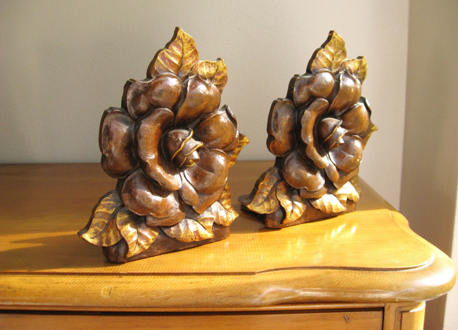 Vintage Syroco Wood Rose Bookends Wood Carved Bookends Rose