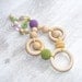 Teething toy, baby toy with crochet wooden beads and rings. Green, yellow, violet. Gift for baby. Ready for shipping.
