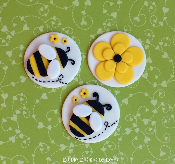 12 Edible Fondant Bumble Bee & Flower Cupcake Toppers Il_570xn