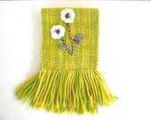 vintage anthropologie style chartreuse mustard and gray floral wool scarf with fringe