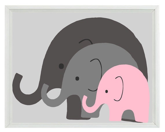 Elephant Nursery Wall Art Print Mom Baby Dad Family Pink