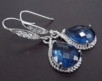 Sterling Silver Rhinestone Earrings with Sapphire Blue Glass Pendants