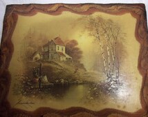 Vintage,Painting on Wood, Landscape House by a pond, Andres Orpinas ...
