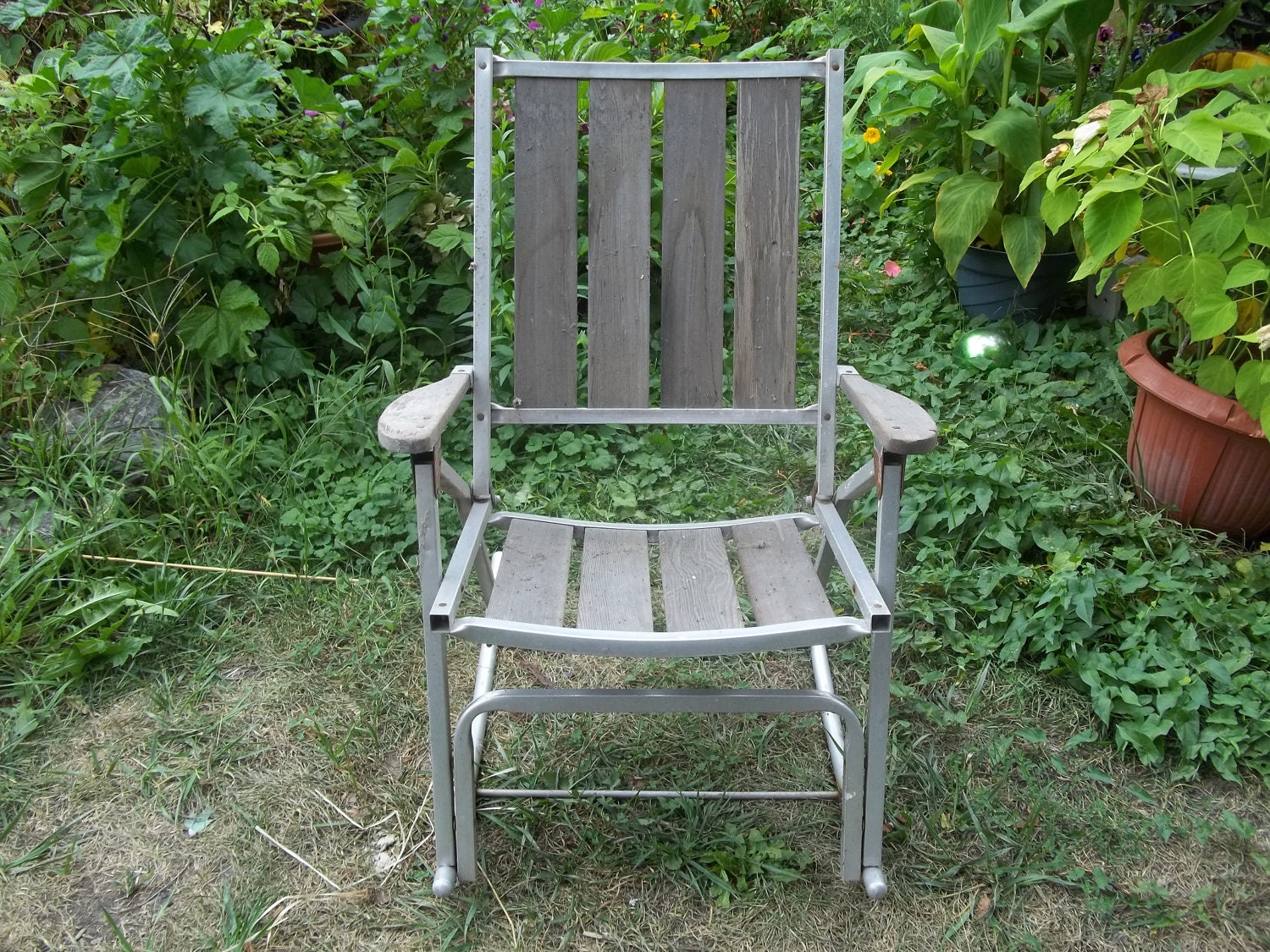 Vintage, Retro, Set of 4, Aluminum, Wood Lawn, Chairs ...