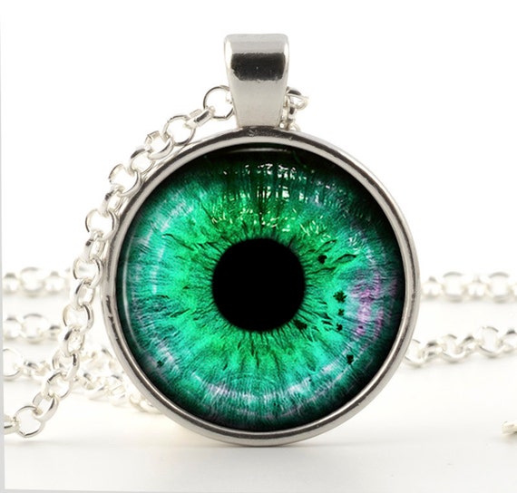 Dragons Eye Necklace - Silver Pendant - Prismatic Green Eye Art with Chain and Gift Bag - Dragons Eye Jewelry