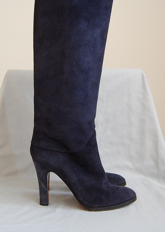 The Navy Blue Tall Suede High Heel Boots 1980s boots size 7