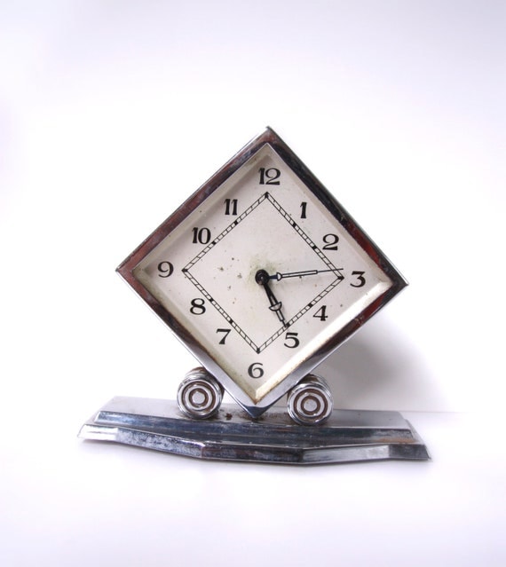 CHROME ART DECO Mantel Clock Ornate Sleek Diamond by lavibohemme