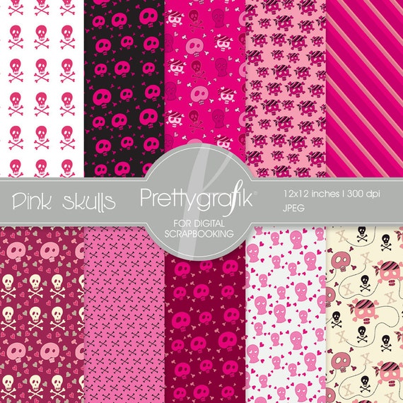 Pink skulls digital paper, commercial use, scrapbook papers, background - PS531 Il_570xn