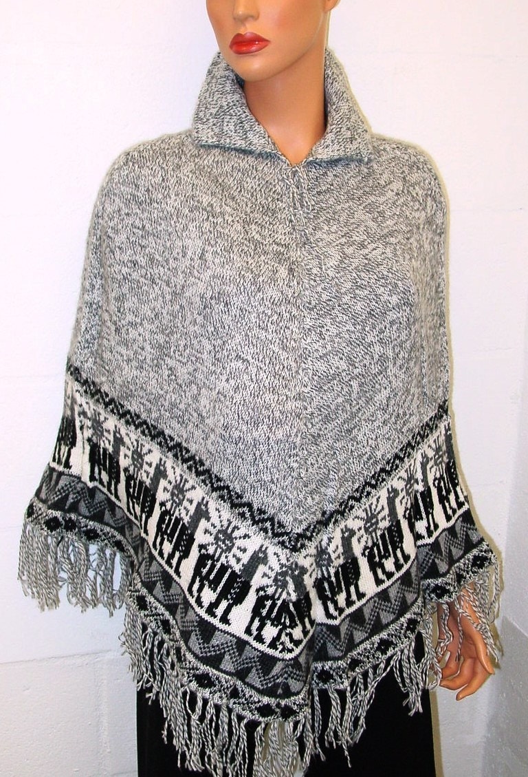 Peruvian 100% Alpaca Wool Poncho Cape Top Very Soft Gray by