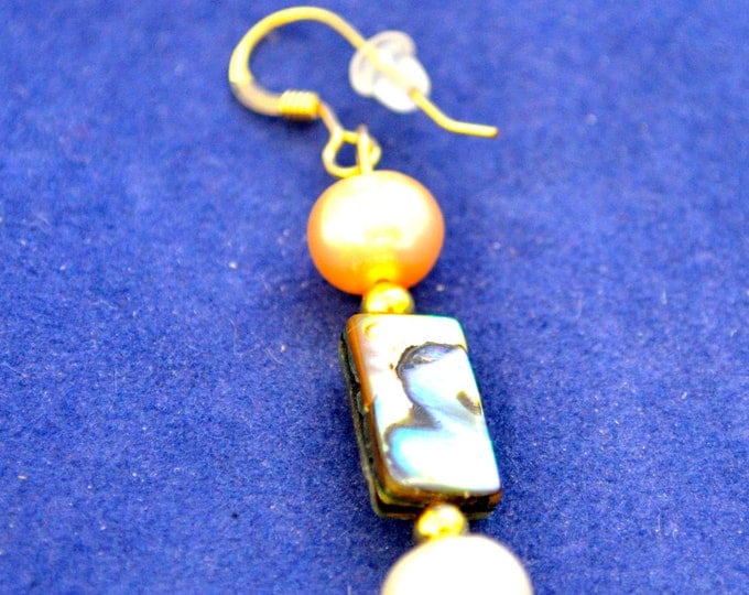 Pearl & Paua Earrings, Natural, Yellow Gold Filled French Hooks E261