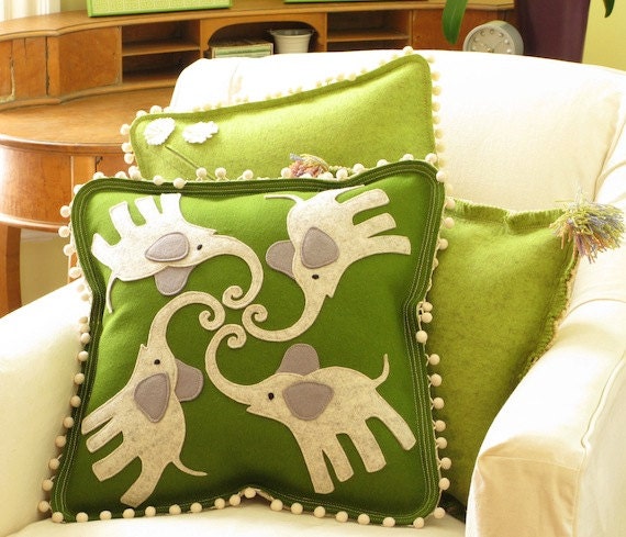 pom pillow pom fringe Felt in Elephant Green, & Grey Fringe with Pom Pom Pillow White