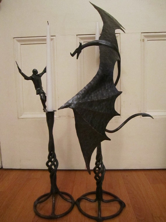 Items similar to Forged Dragon and Knight Candle Holders ...