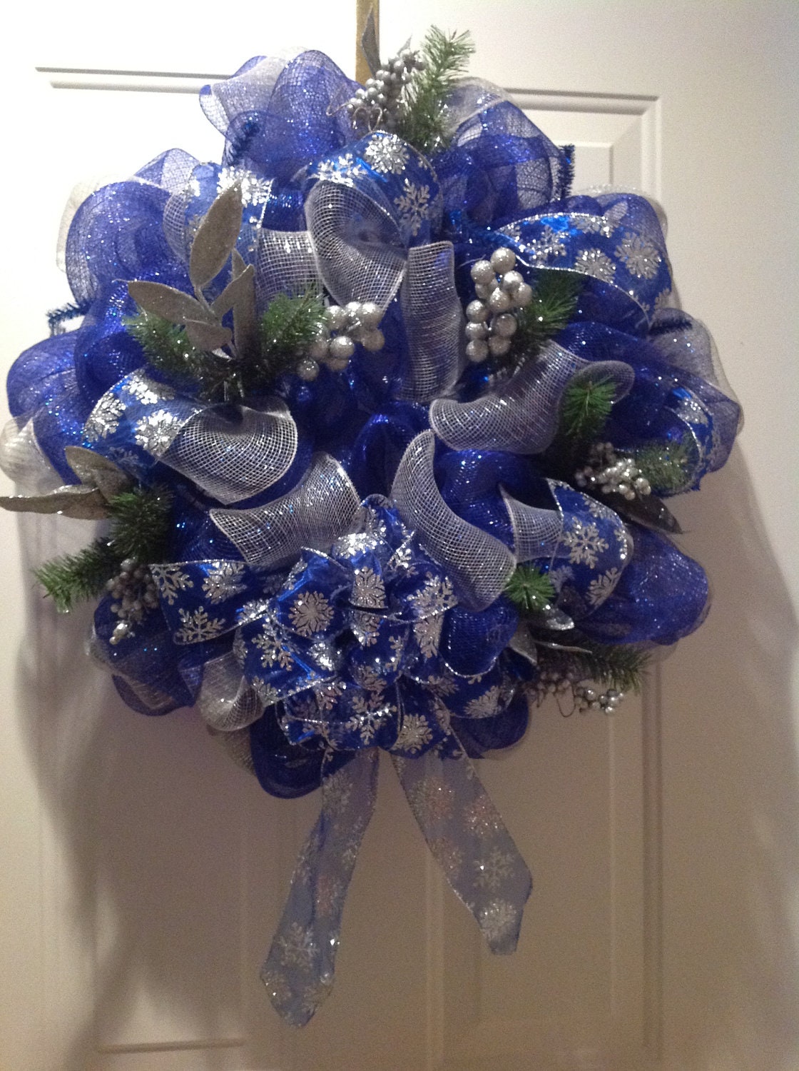 Silver and Royal Blue Large Christmas Wreath