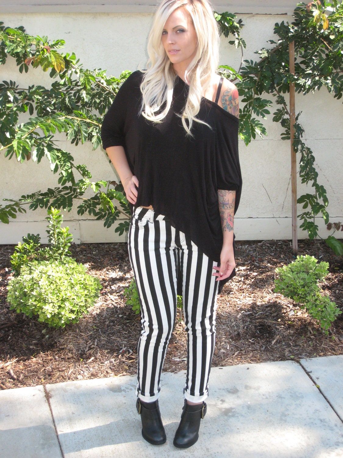 black and white striped pants