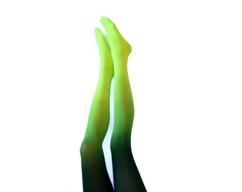 Ombre Tights. Hand dyed Chartreuse and Spruce / black