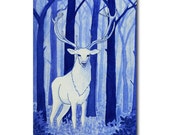 greeting card with white deer in blue winter forest