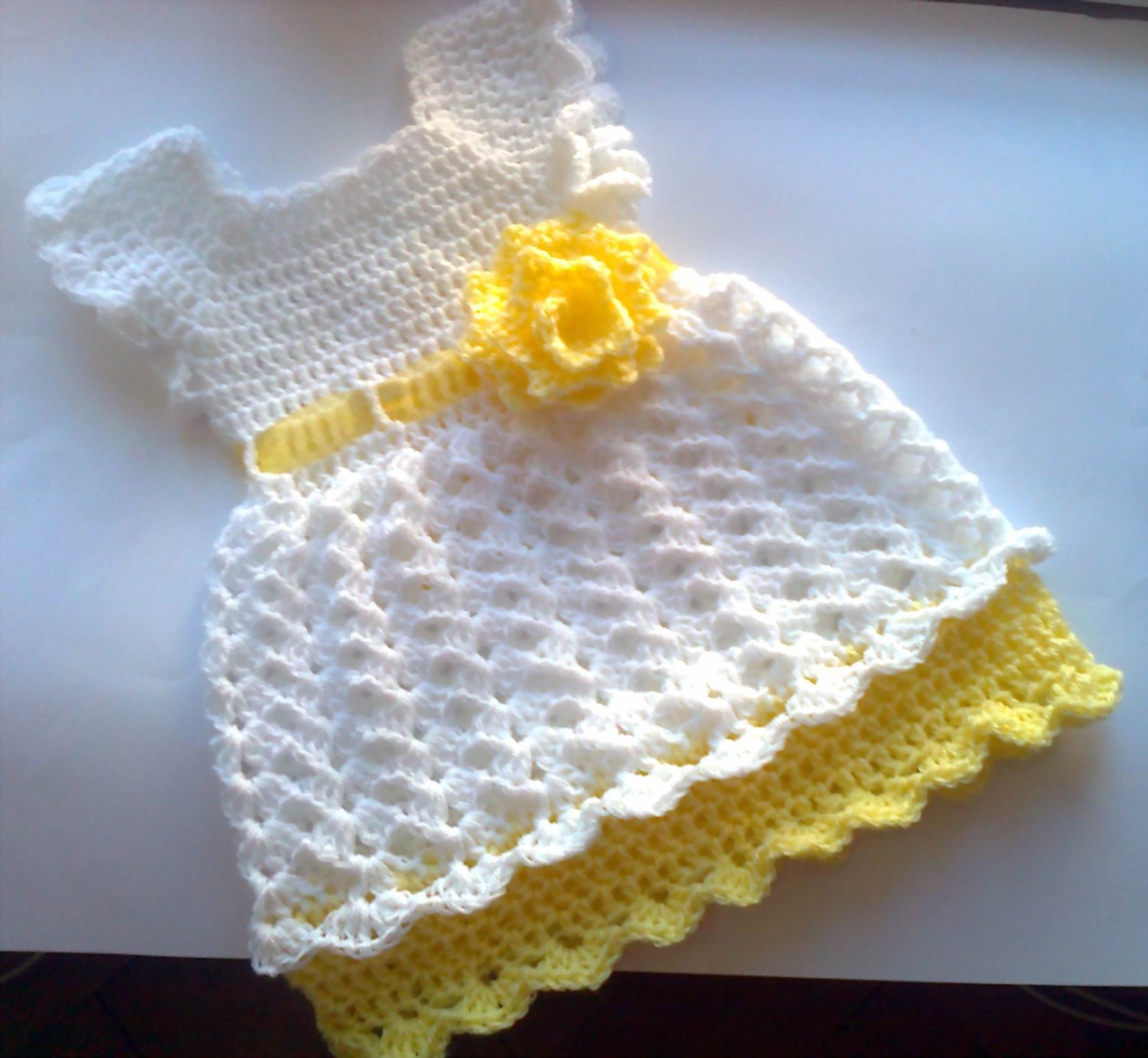 crochet baby dress christening dress white yellow dress