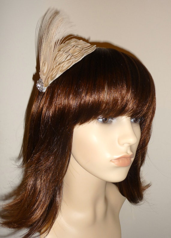 Pale Gold Bleached Peacock Eye Feather Headband Crystal