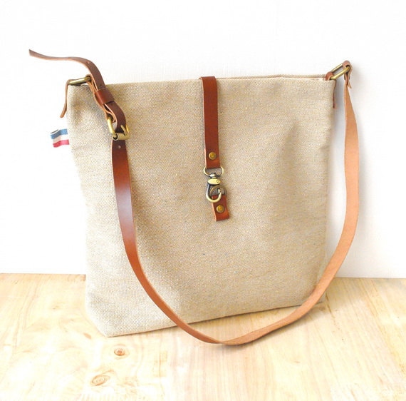 Natural Cotton Canvas Tote Bag Genuine Organic Tanned Leather