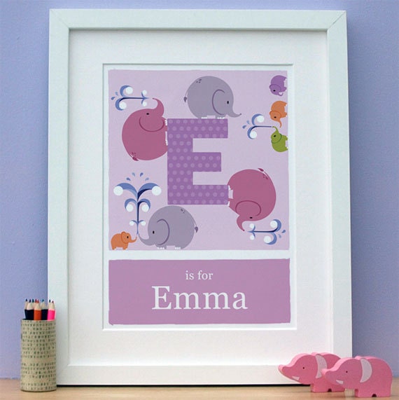 Personalised nursery decor - E is for Elephant - wall art print - 11x14