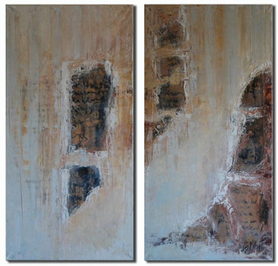 Original Modern Diptych Painting Knife Painting Oil on Canvas Mixed Media Paper Collage Tea Ink Painting